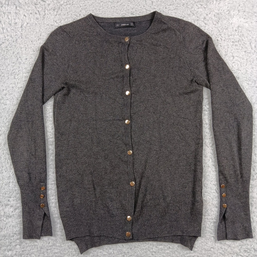 Zara Cardigan Knit Women S Gray Gold Button Front Crew Neck Long Sleeve